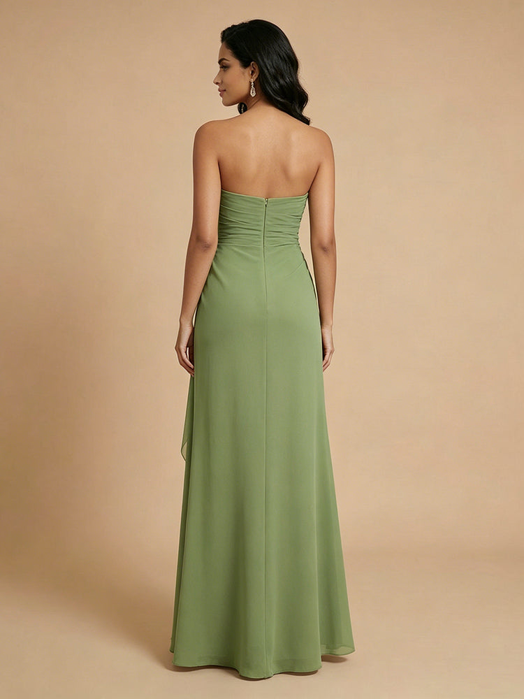 Chiffon A-Line Strapless Long Bridesmaid Dresses with Ruffles