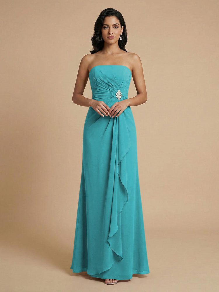 Chiffon A-Line Strapless Long Bridesmaid Dresses with Ruffles