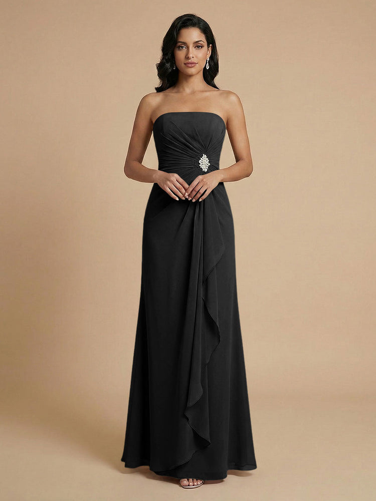 Chiffon A-Line Strapless Long Bridesmaid Dresses with Ruffles