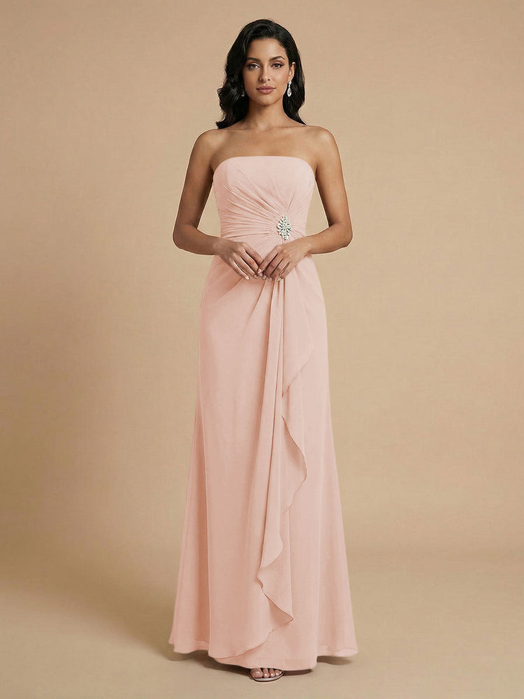 Chiffon A-Line Strapless Long Bridesmaid Dresses with Ruffles