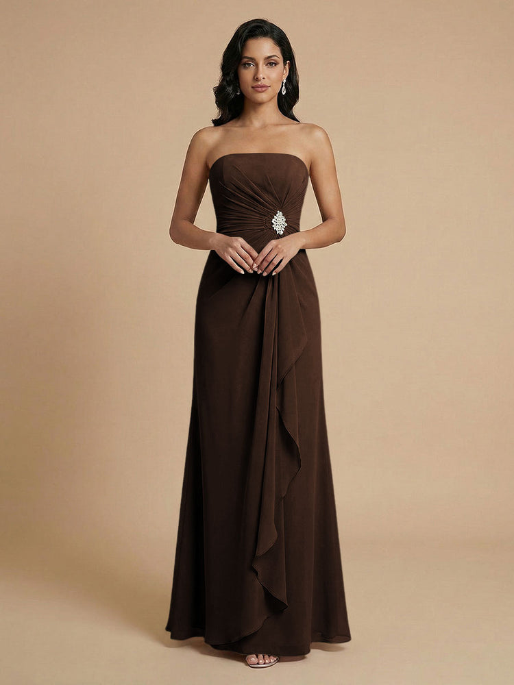 Chiffon A-Line Strapless Long Bridesmaid Dresses with Ruffles