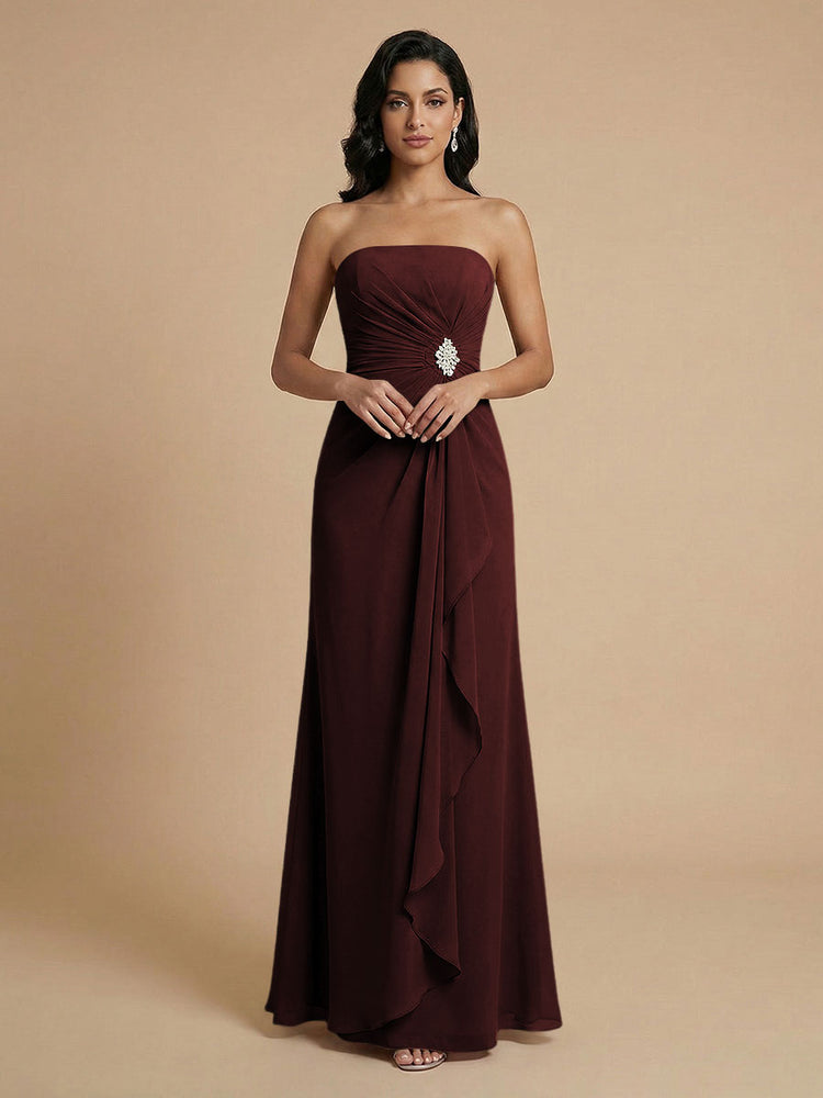 Chiffon A-Line Strapless Long Bridesmaid Dresses with Ruffles