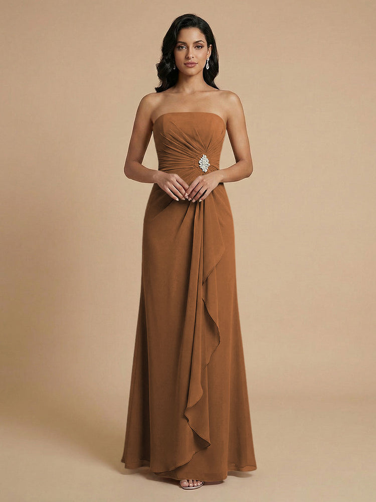 Chiffon A-Line Strapless Long Bridesmaid Dresses with Ruffles