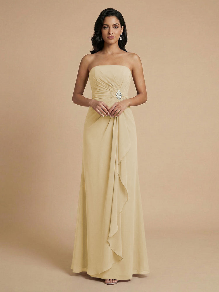 Chiffon A-Line Strapless Long Bridesmaid Dresses with Ruffles