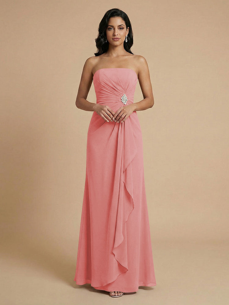 Chiffon A-Line Strapless Long Bridesmaid Dresses with Ruffles