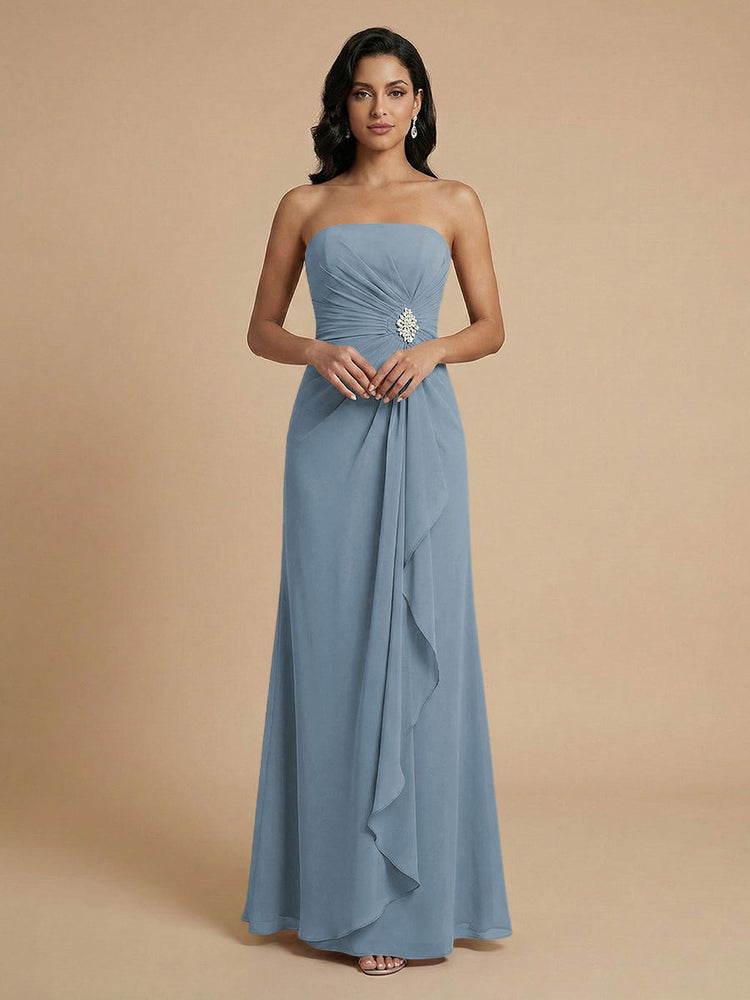 Chiffon A-Line Strapless Long Bridesmaid Dresses with Ruffles