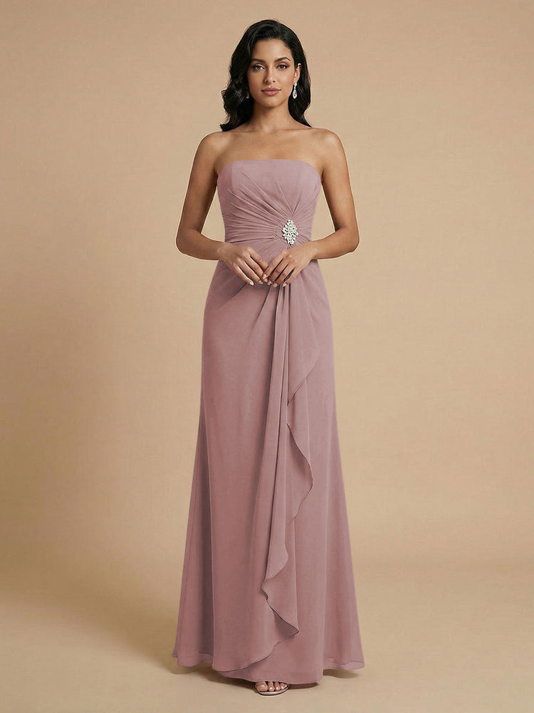 Chiffon A-Line Strapless Long Bridesmaid Dresses with Ruffles
