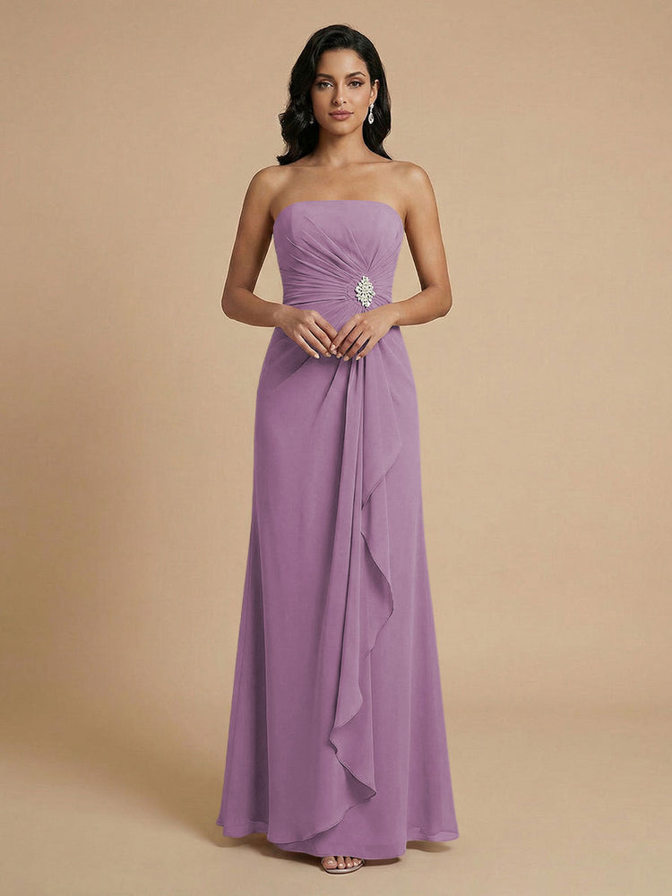 Chiffon A-Line Strapless Long Bridesmaid Dresses with Ruffles