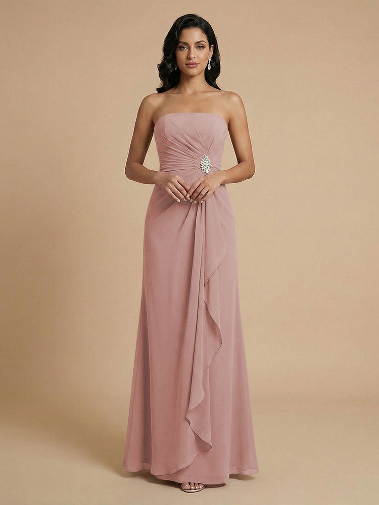 Chiffon A-Line Strapless Long Bridesmaid Dresses with Ruffles