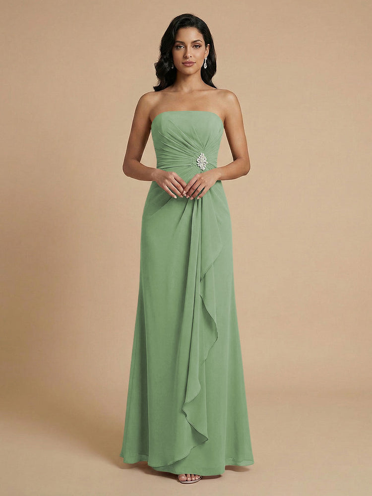 Chiffon A-Line Strapless Long Bridesmaid Dresses with Ruffles