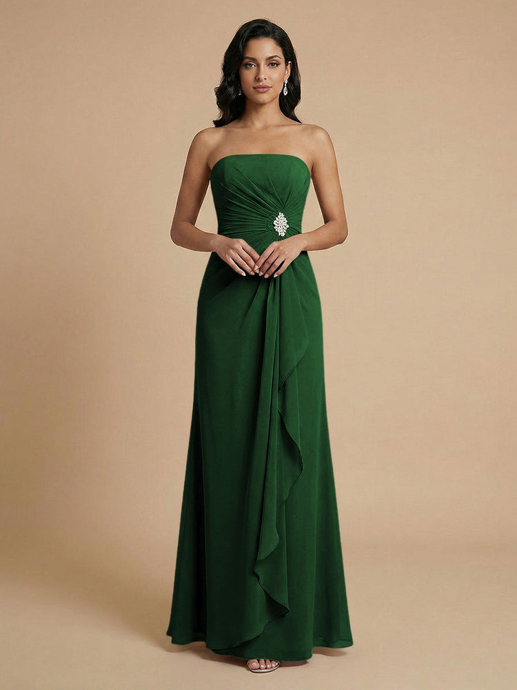 Chiffon A-Line Strapless Long Bridesmaid Dresses with Ruffles