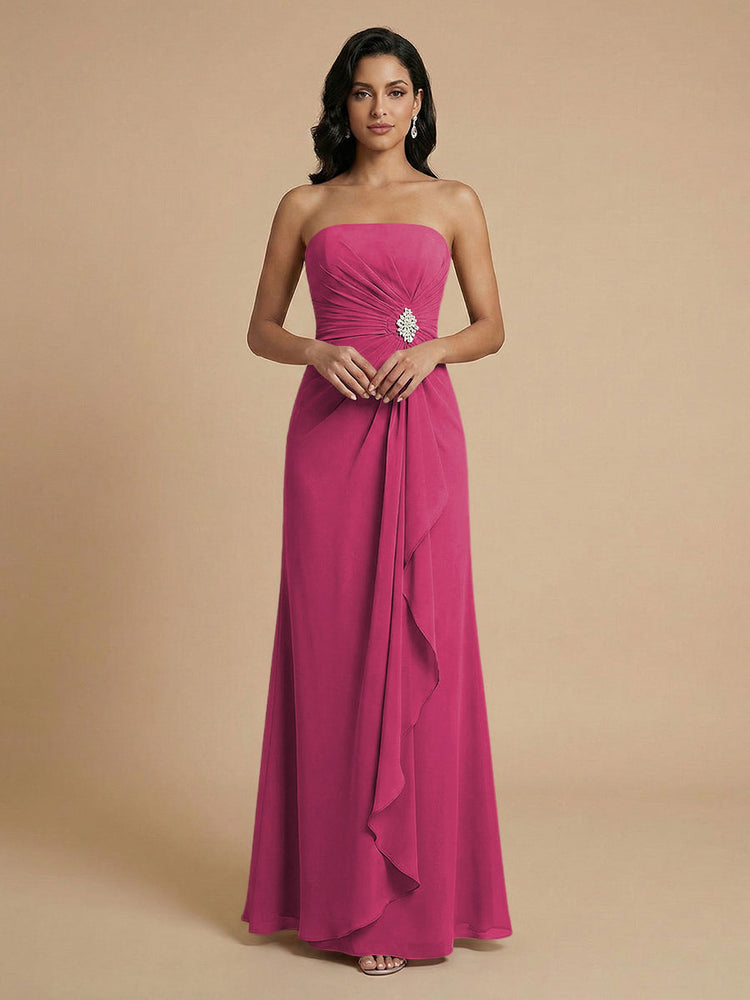 Chiffon A-Line Strapless Long Bridesmaid Dresses with Ruffles