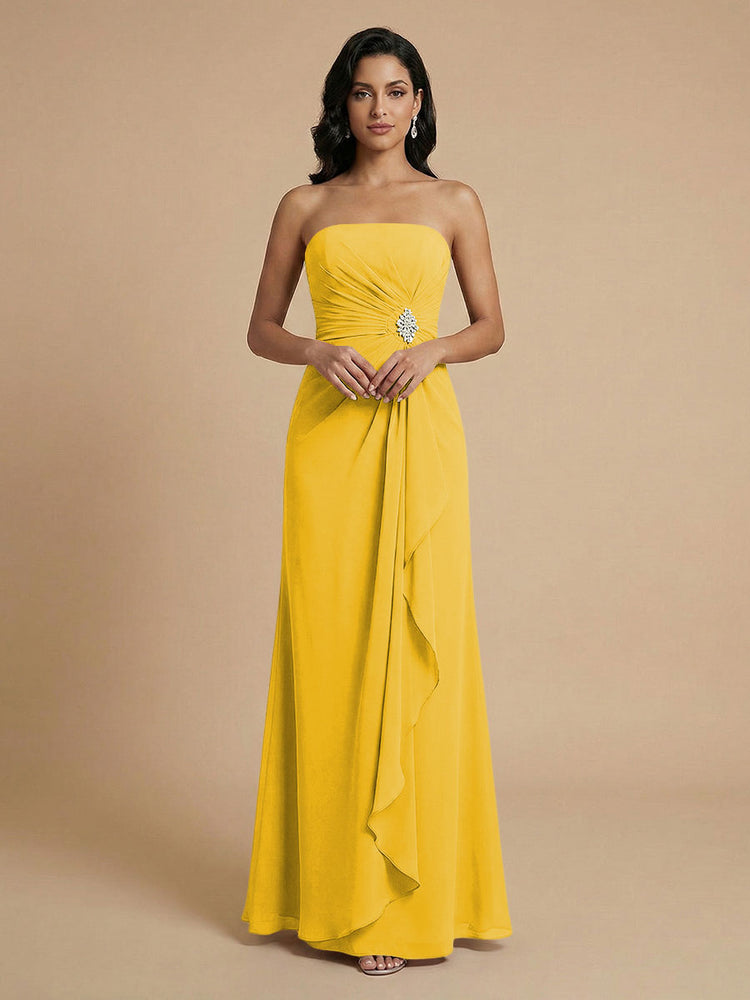 Chiffon A-Line Strapless Long Bridesmaid Dresses with Ruffles