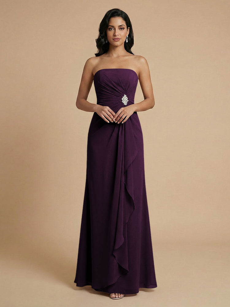 Chiffon A-Line Strapless Long Bridesmaid Dresses with Ruffles