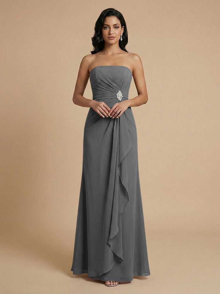 Chiffon A-Line Strapless Long Bridesmaid Dresses with Ruffles