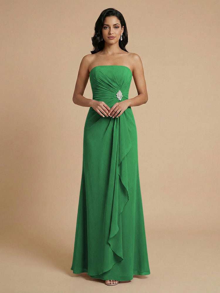 Chiffon A-Line Strapless Long Bridesmaid Dresses with Ruffles