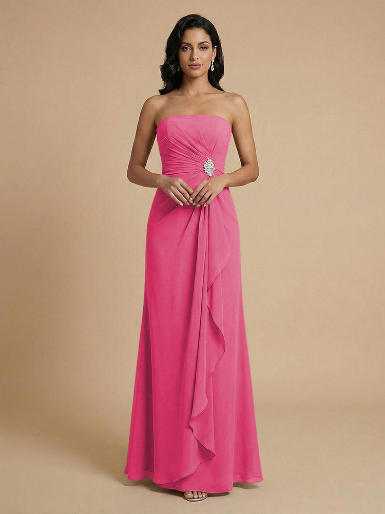 Chiffon A-Line Strapless Long Bridesmaid Dresses with Ruffles