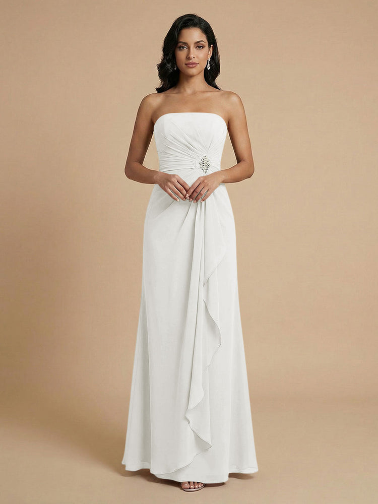 Chiffon A-Line Strapless Long Bridesmaid Dresses with Ruffles