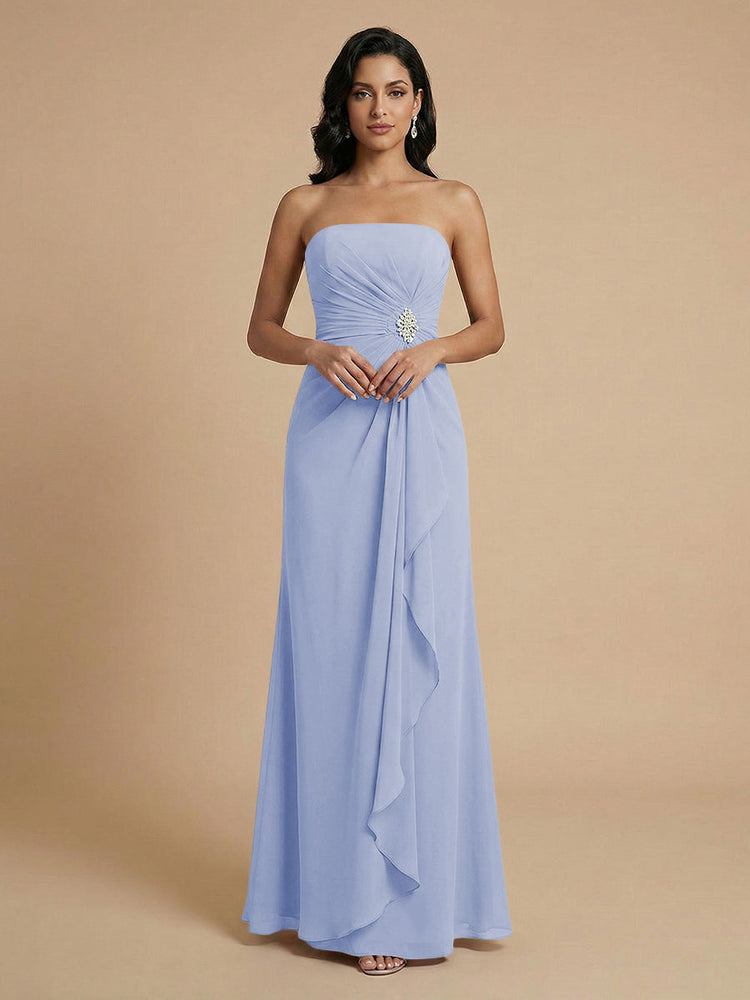 Chiffon A-Line Strapless Long Bridesmaid Dresses with Ruffles