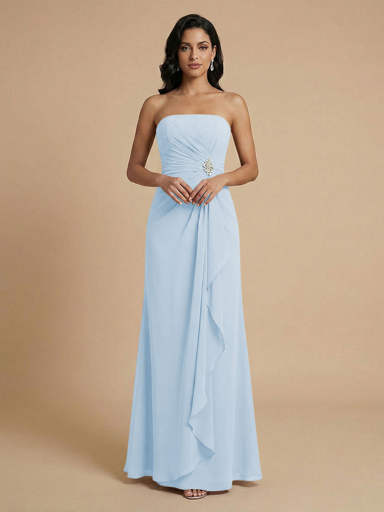 Chiffon A-Line Strapless Long Bridesmaid Dresses with Ruffles