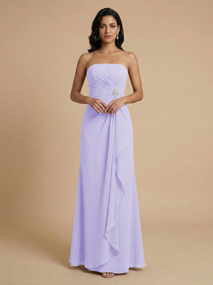 Chiffon A-Line Strapless Long Bridesmaid Dresses with Ruffles