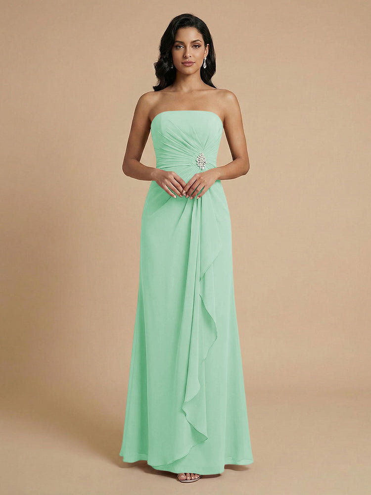 Chiffon A-Line Strapless Long Bridesmaid Dresses with Ruffles