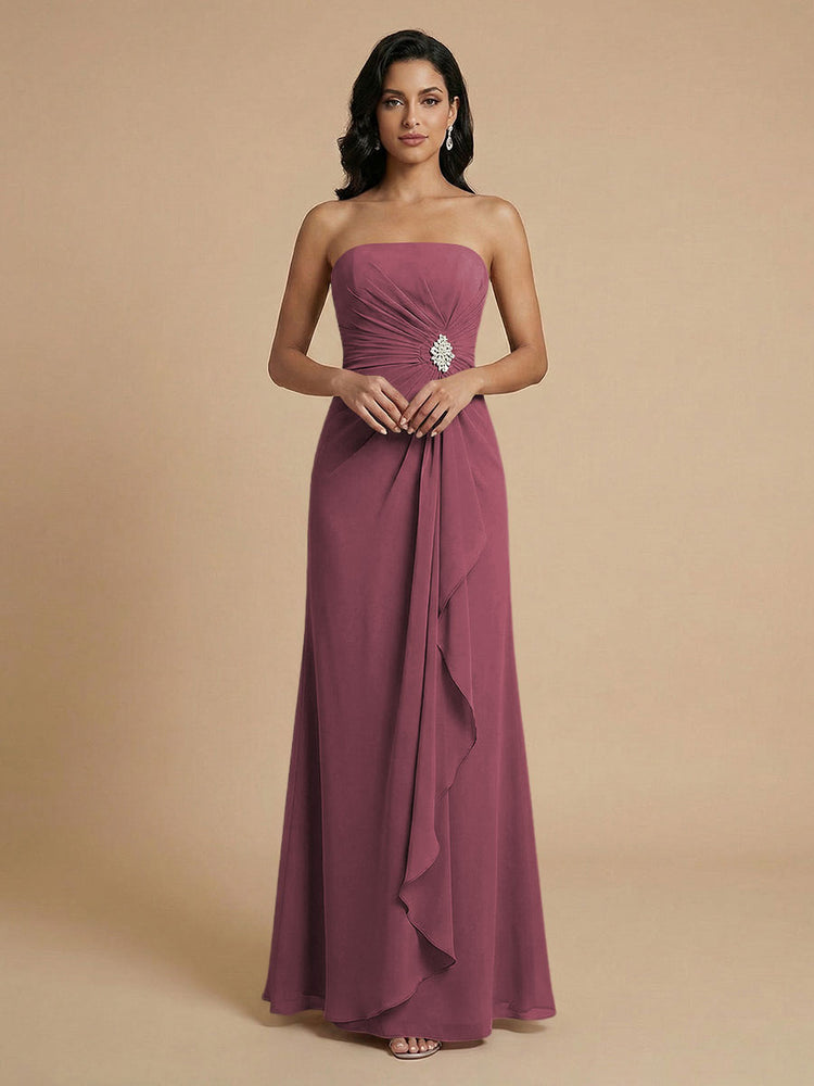 Chiffon A-Line Strapless Long Bridesmaid Dresses with Ruffles