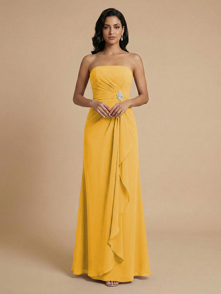 Chiffon A-Line Strapless Long Bridesmaid Dresses with Ruffles