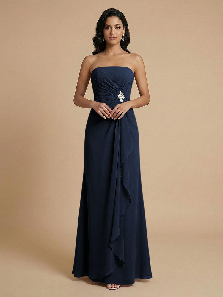 Chiffon A-Line Strapless Long Bridesmaid Dresses with Ruffles