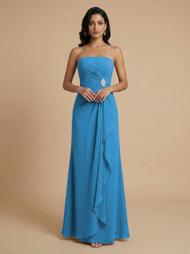 Chiffon A-Line Strapless Long Bridesmaid Dresses with Ruffles
