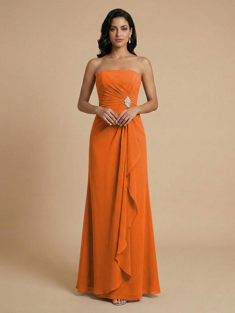 Chiffon A-Line Strapless Long Bridesmaid Dresses with Ruffles