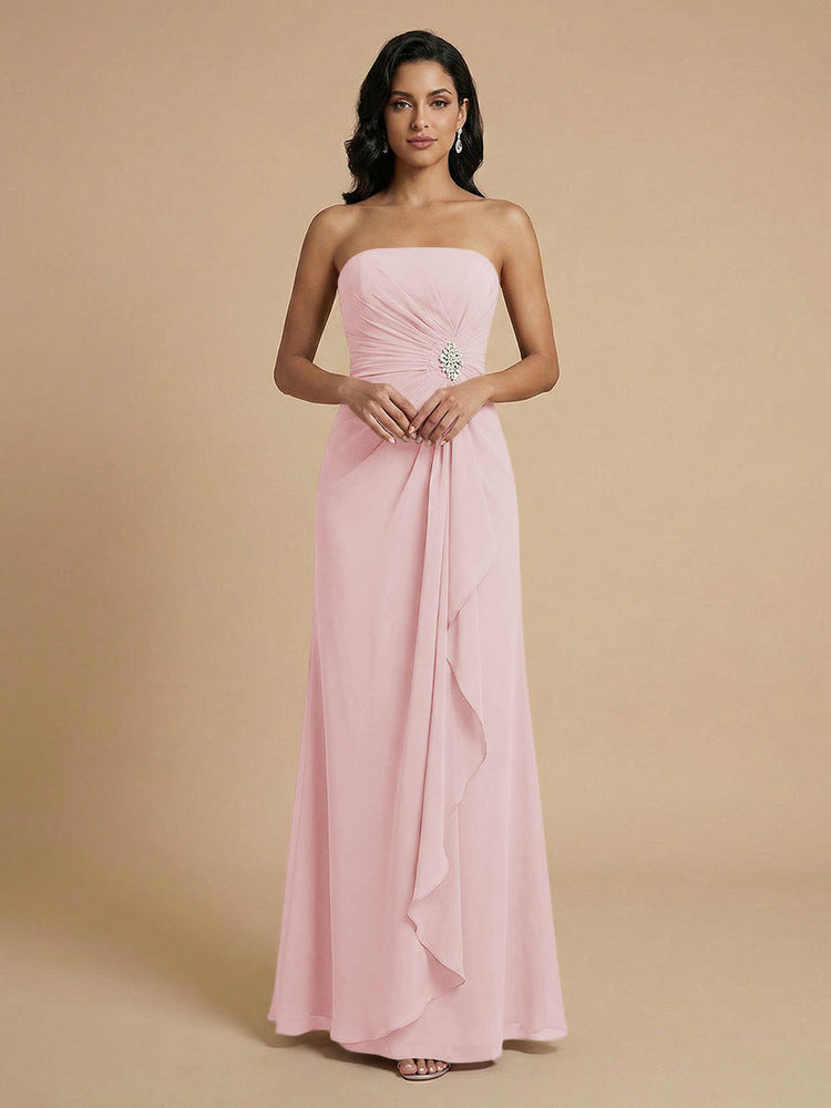 Chiffon A-Line Strapless Long Bridesmaid Dresses with Ruffles