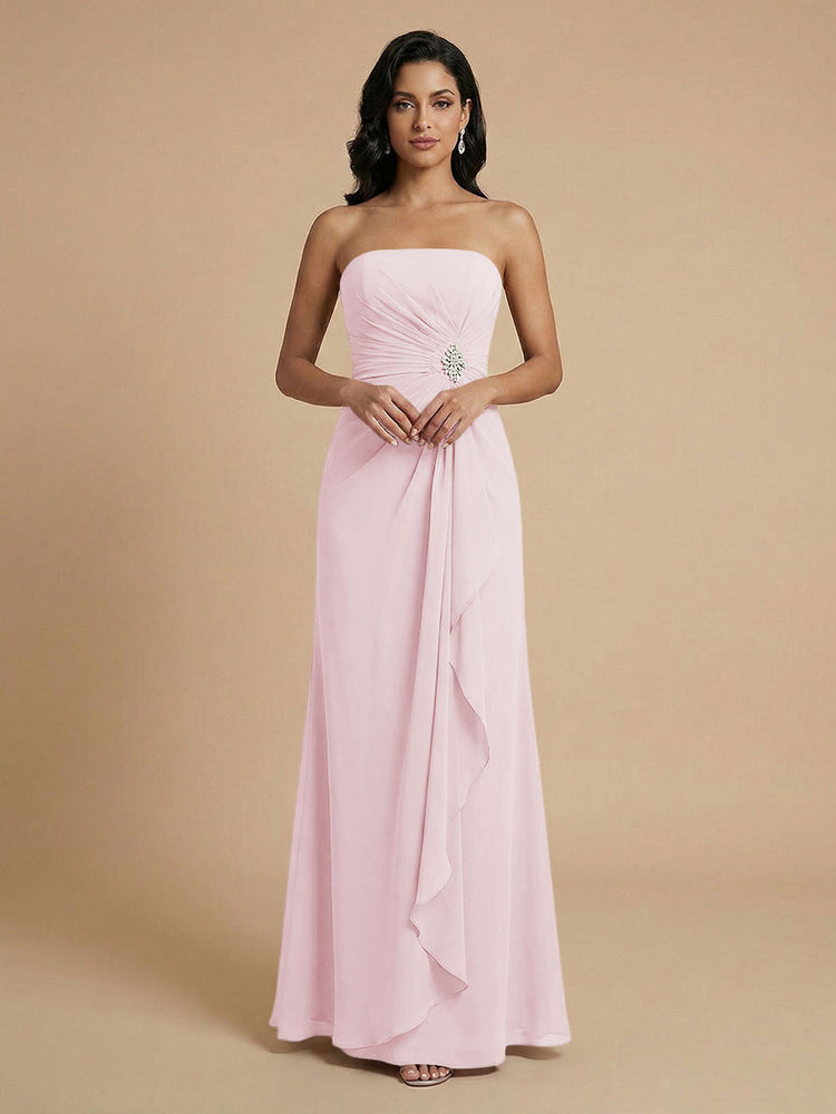 Chiffon A-Line Strapless Long Bridesmaid Dresses with Ruffles