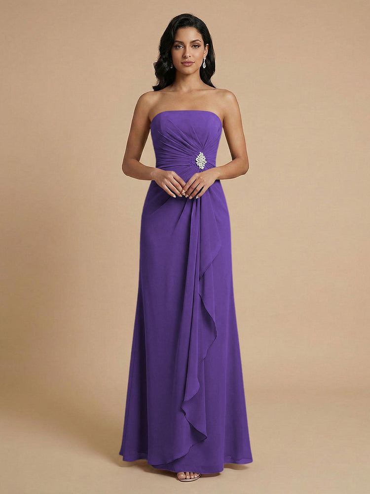 Chiffon A-Line Strapless Long Bridesmaid Dresses with Ruffles