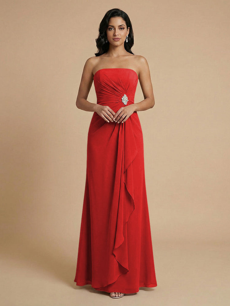 Chiffon A-Line Strapless Long Bridesmaid Dresses with Ruffles