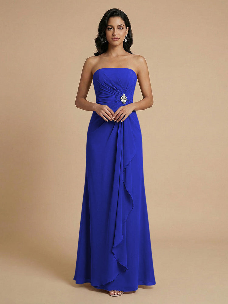 Chiffon A-Line Strapless Long Bridesmaid Dresses with Ruffles
