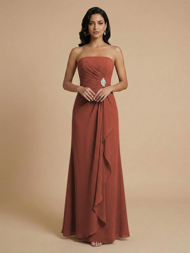 Chiffon A-Line Strapless Long Bridesmaid Dresses with Ruffles