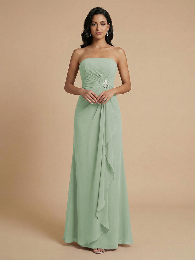 Chiffon A-Line Strapless Long Bridesmaid Dresses with Ruffles