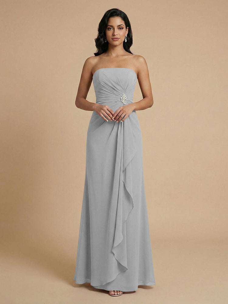 Chiffon A-Line Strapless Long Bridesmaid Dresses with Ruffles