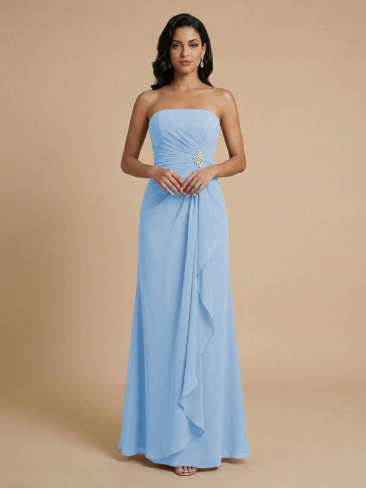 Chiffon A-Line Strapless Long Bridesmaid Dresses with Ruffles
