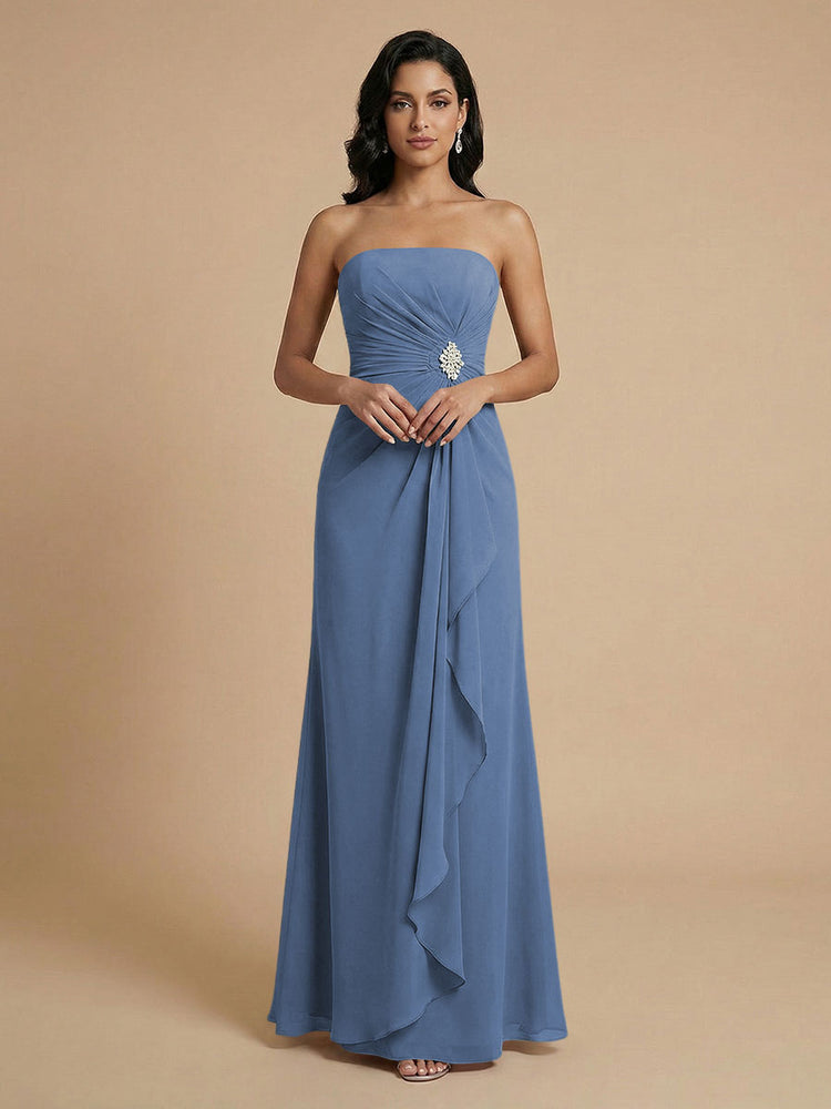 Chiffon A-Line Strapless Long Bridesmaid Dresses with Ruffles
