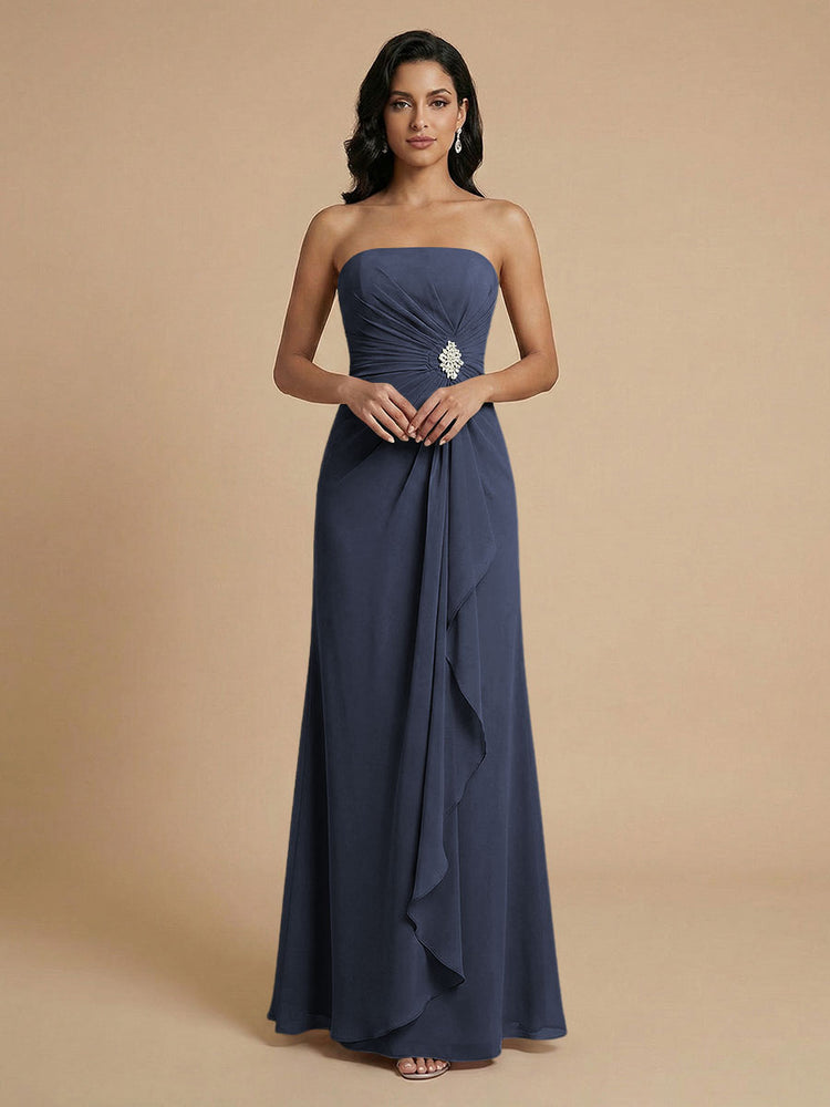 Chiffon A-Line Strapless Long Bridesmaid Dresses with Ruffles