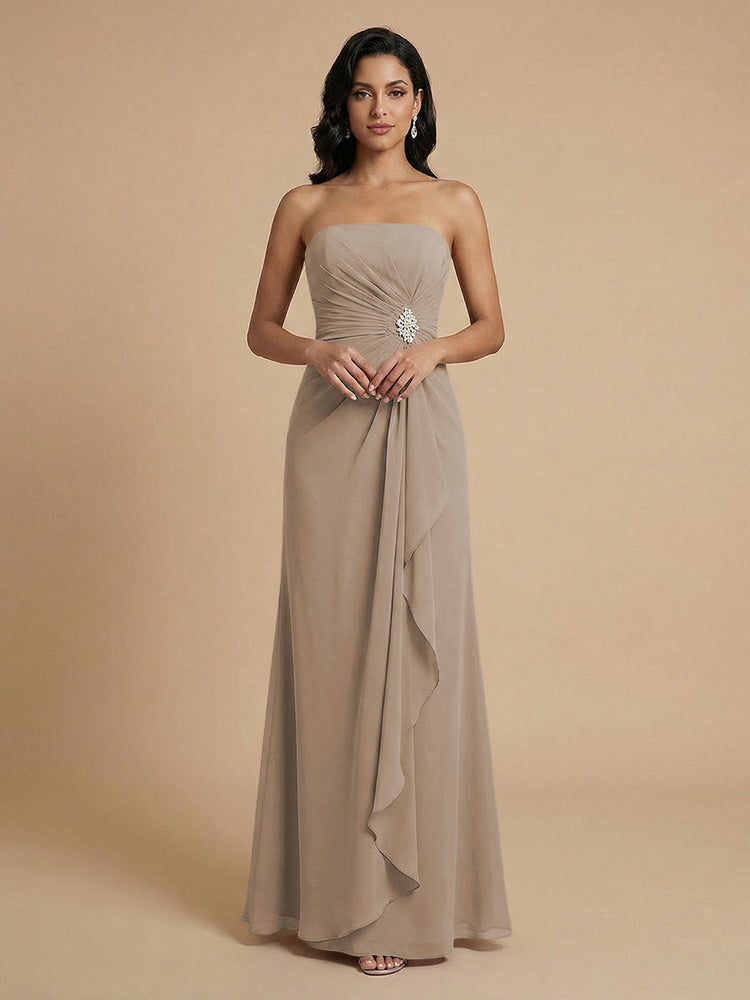 Chiffon A-Line Strapless Long Bridesmaid Dresses with Ruffles