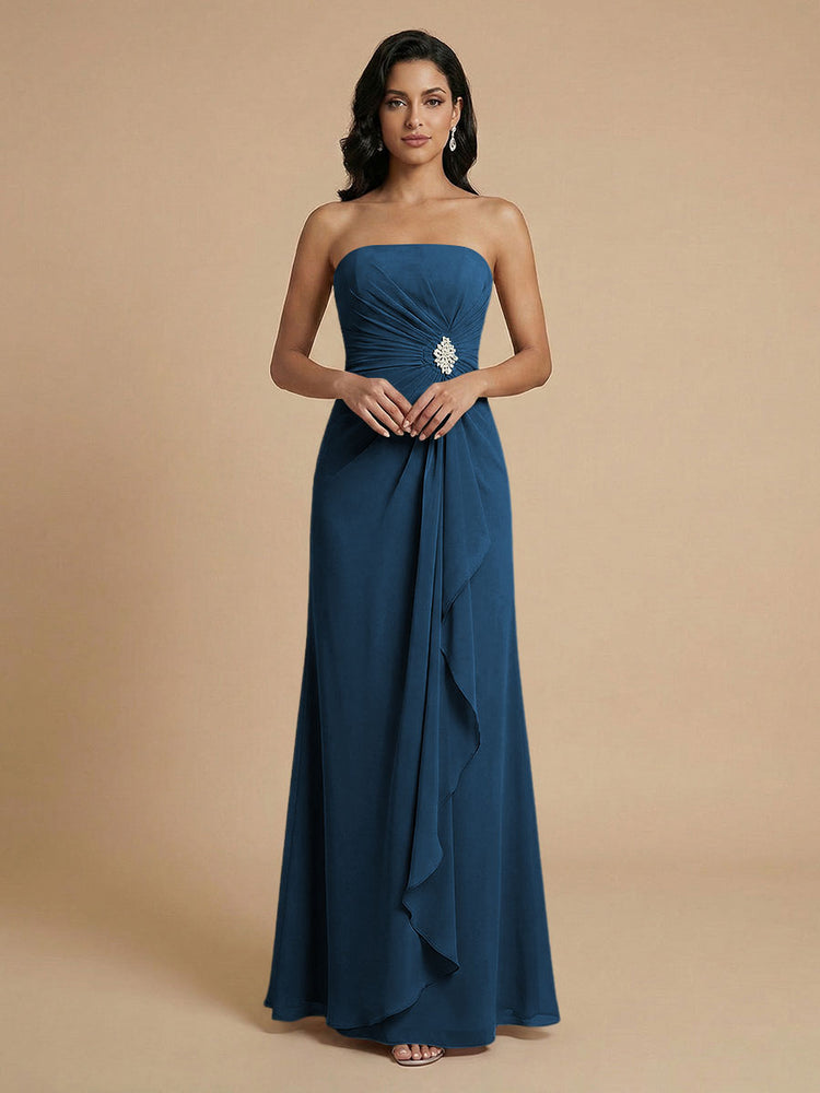 Chiffon A-Line Strapless Long Bridesmaid Dresses with Ruffles