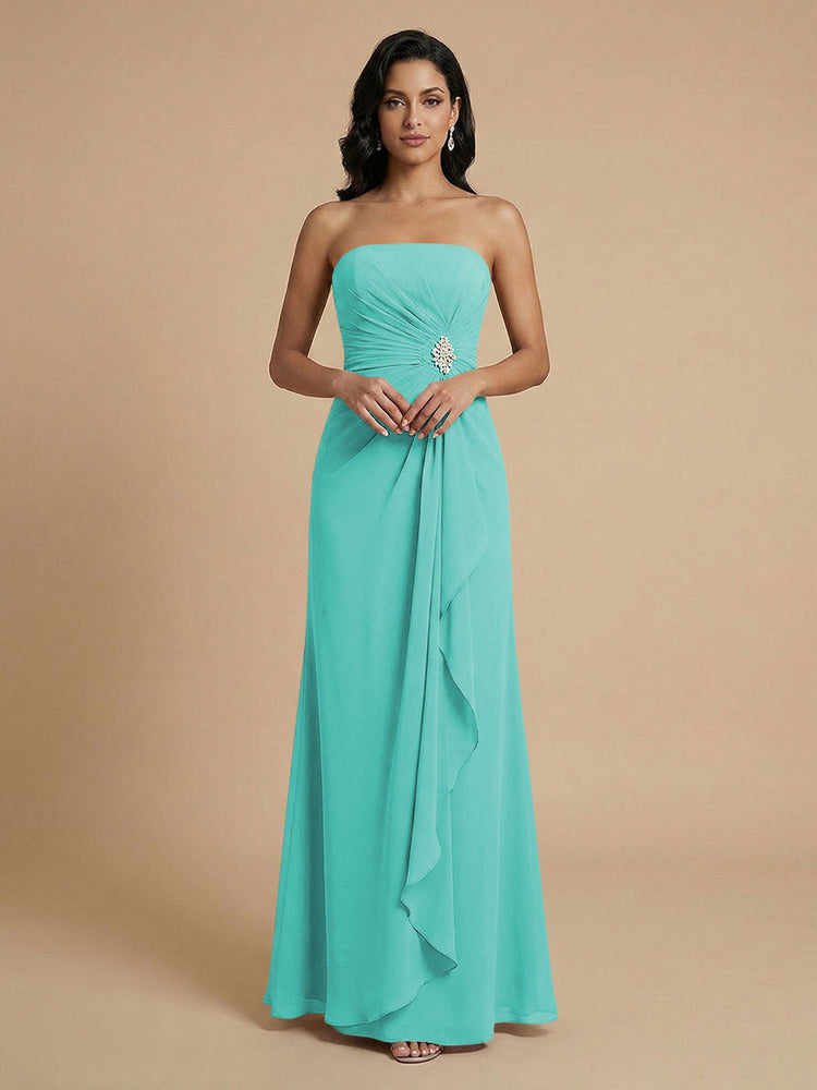 Chiffon A-Line Strapless Long Bridesmaid Dresses with Ruffles