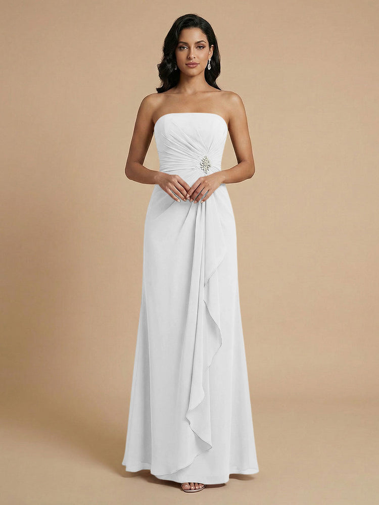 Chiffon A-Line Strapless Long Bridesmaid Dresses with Ruffles