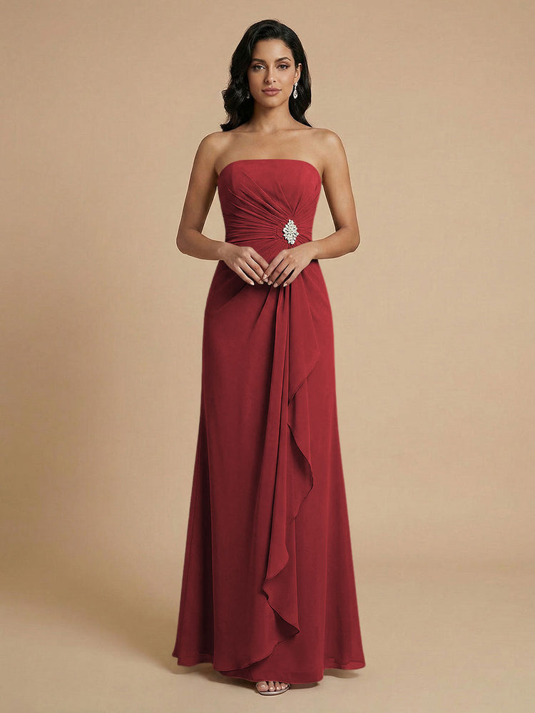 Chiffon A-Line Strapless Long Bridesmaid Dresses with Ruffles