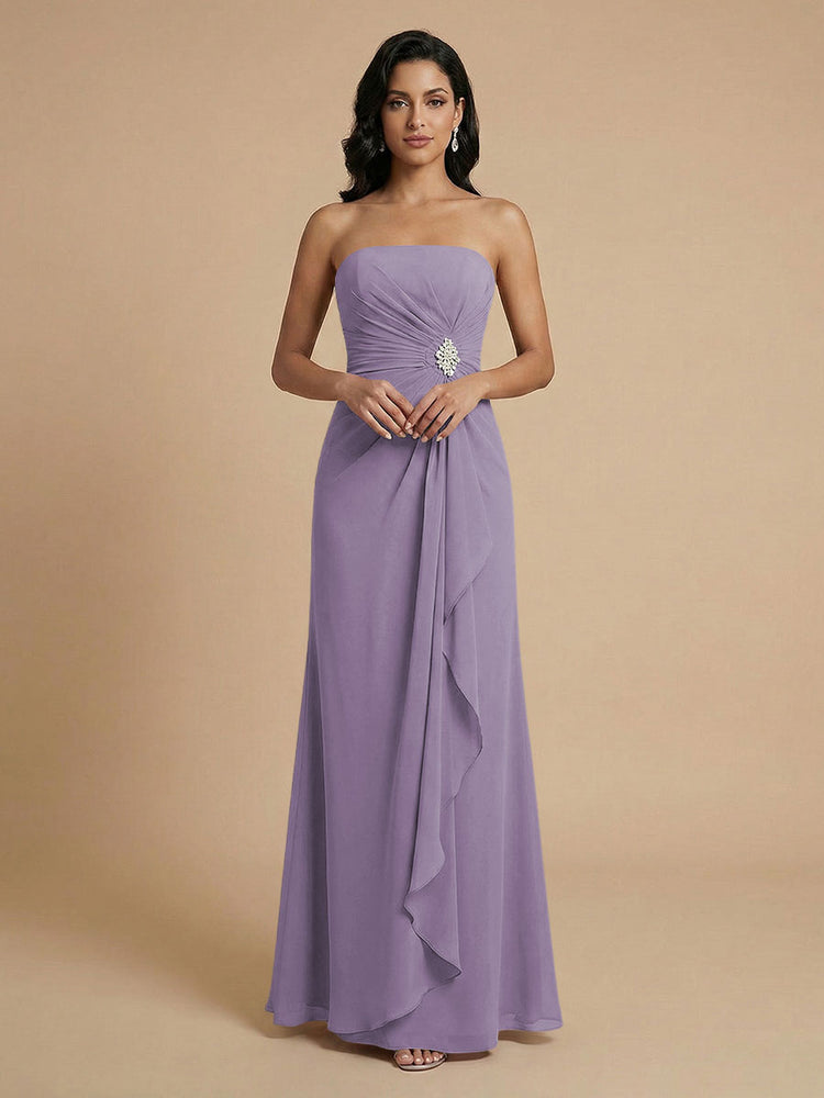 Chiffon A-Line Strapless Long Bridesmaid Dresses with Ruffles