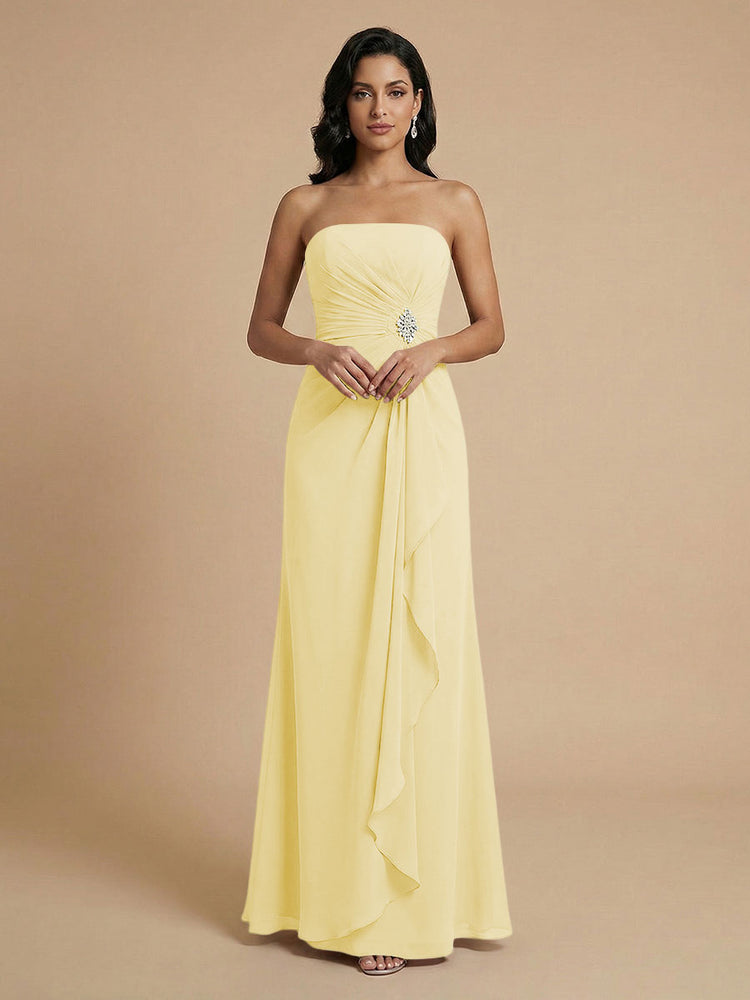 Chiffon A-Line Strapless Long Bridesmaid Dresses with Ruffles