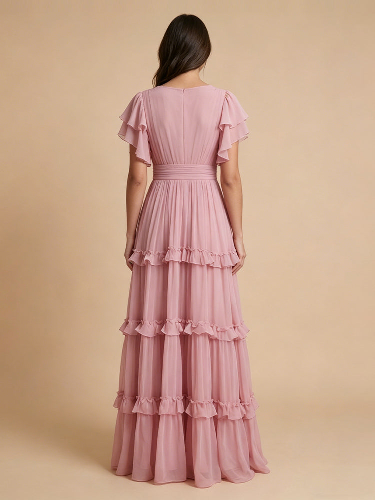 Chiffon A-Line V Neck Long Bridesmaid Dresses with Layers